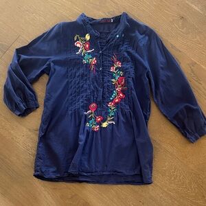Johnny Was Navy Blouse with Colorful Embroidery